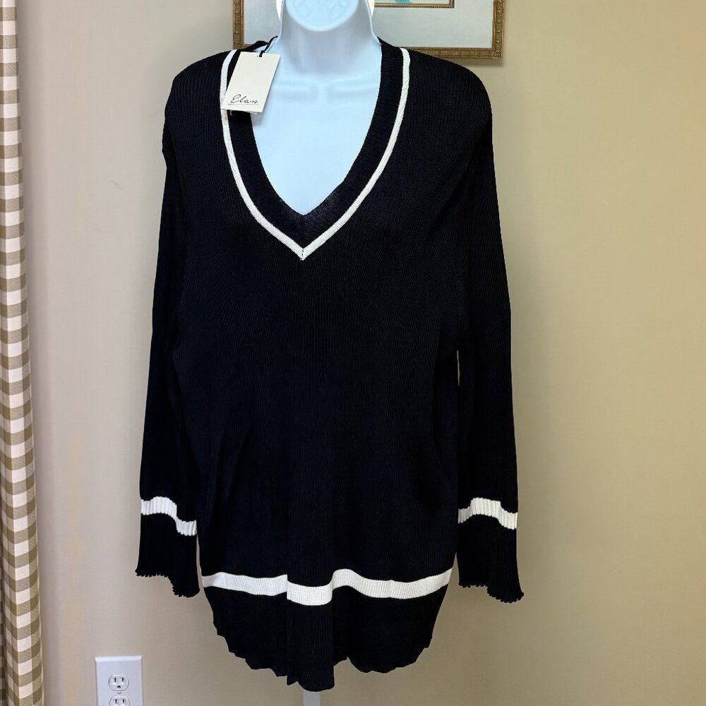 V Necked Ribbed Black and White Stripped Sweater
